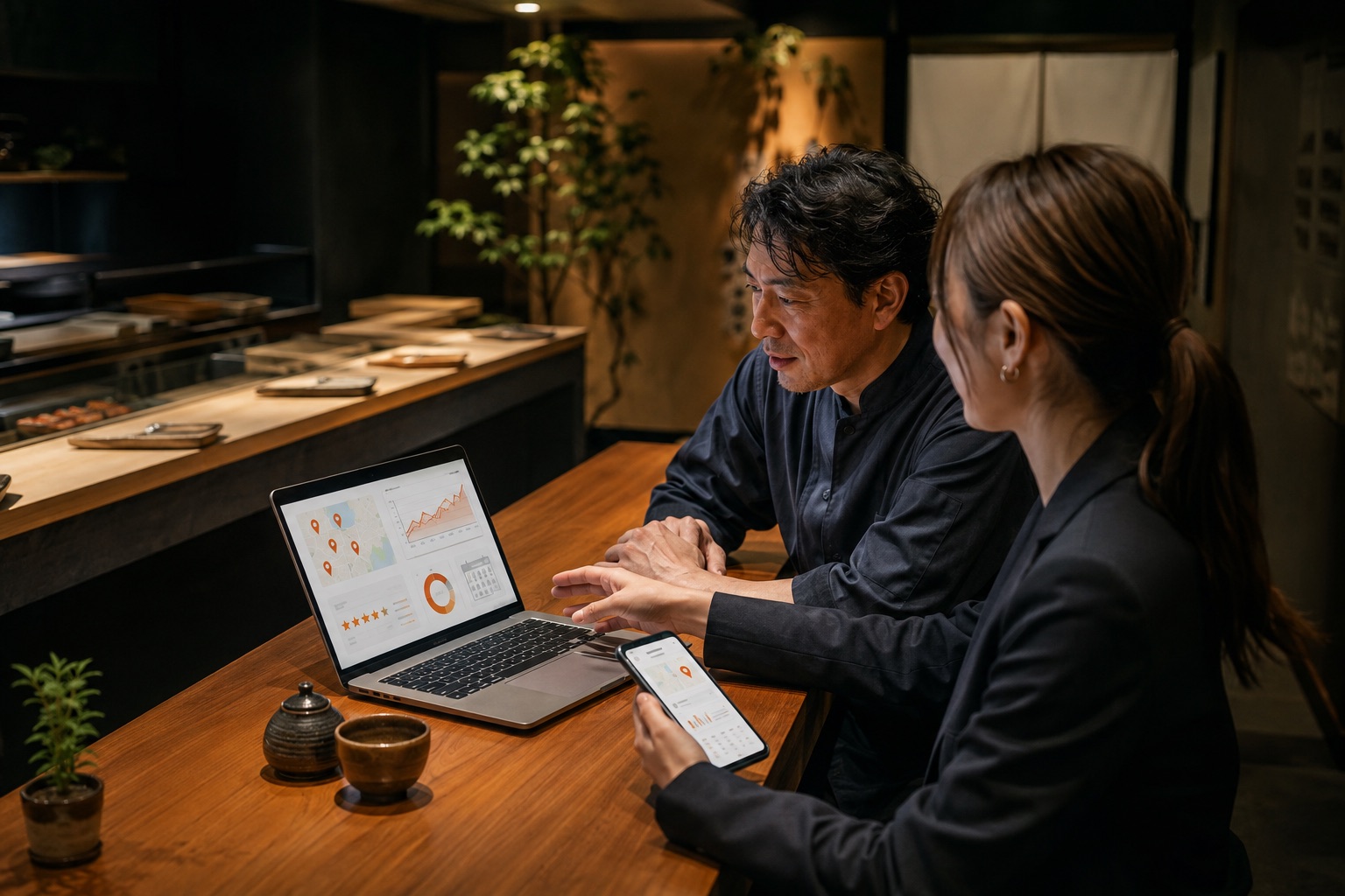 店舗オーナーと集客データを確認する支援スタッフのイメージ